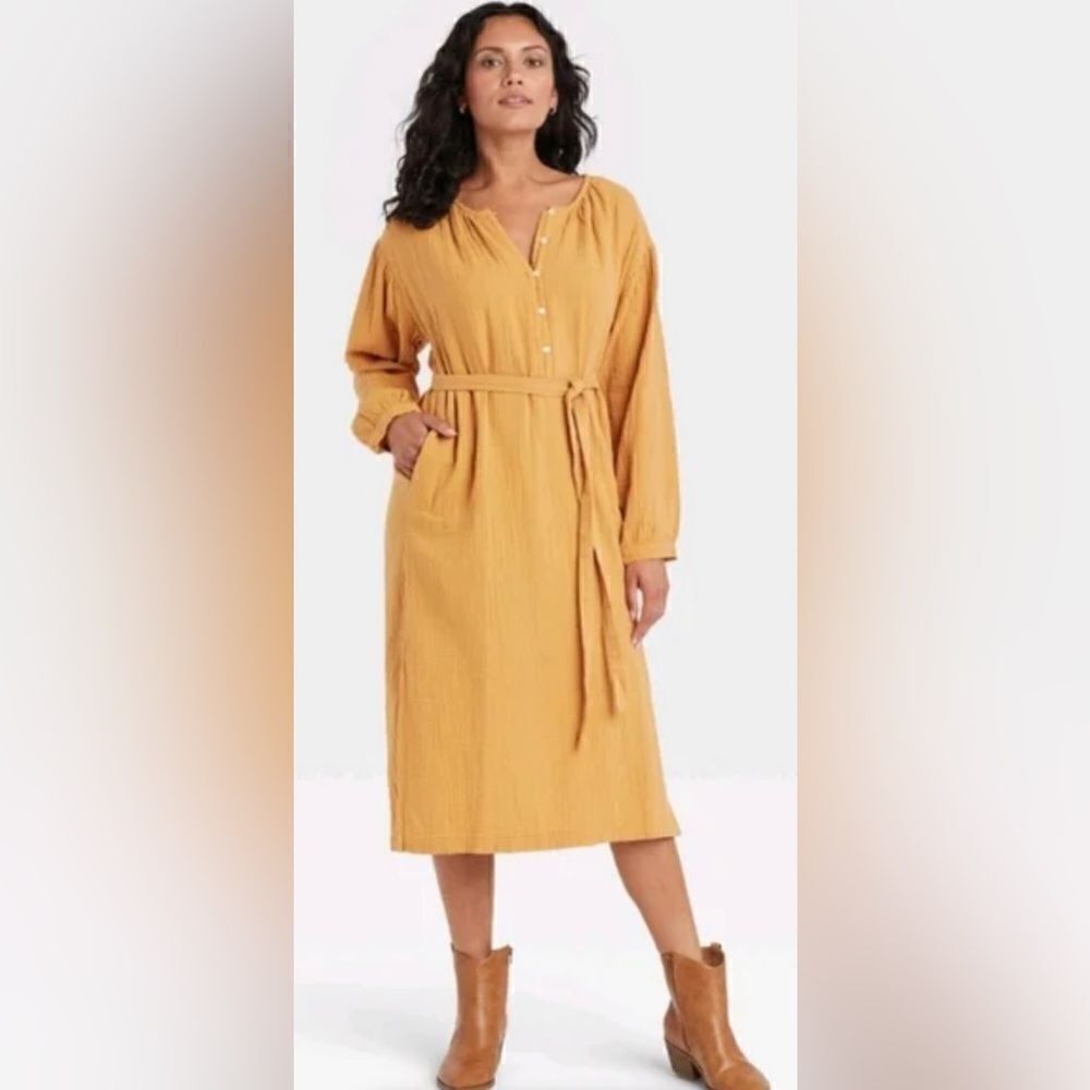 Universal Thread Long sleeve Shirtdress Tie front Pockets Midi Gold NWT …